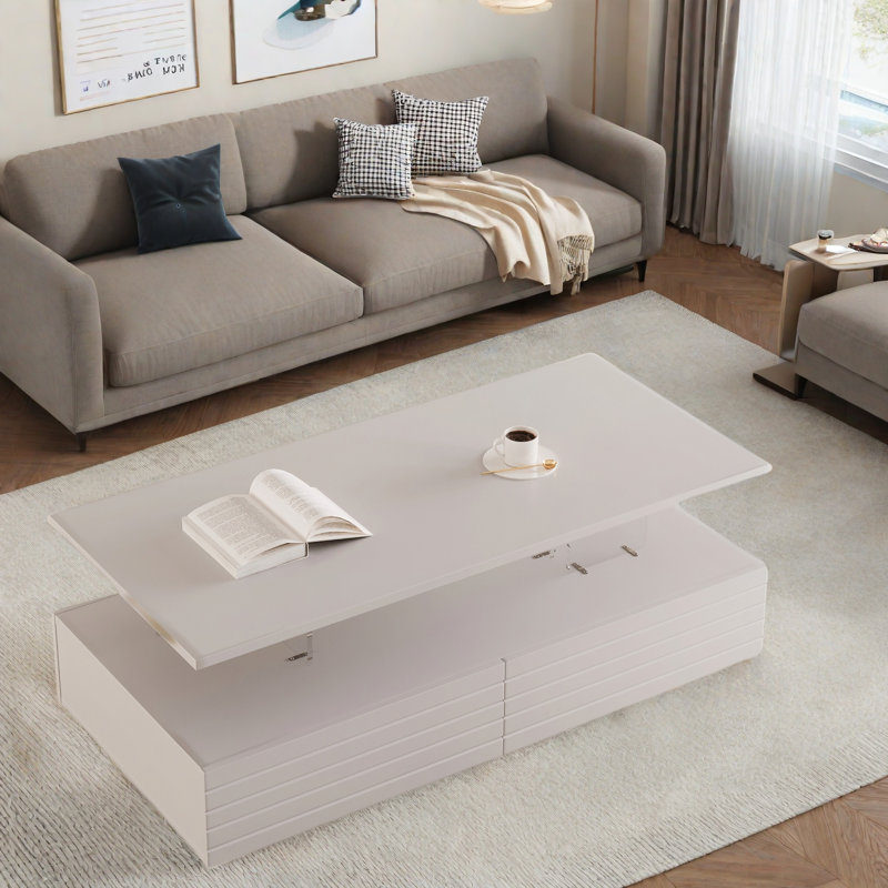 Modern Rectangular Coffee Table With Led Lights, 2 Drawers And Open Storage Shelf, White