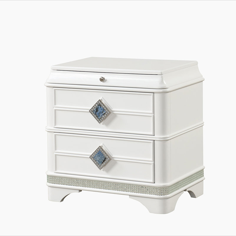 Table de chevet 2 tiroirs de style moderne en bois, tiroir à bijoux caché et décorations en cristal blanc