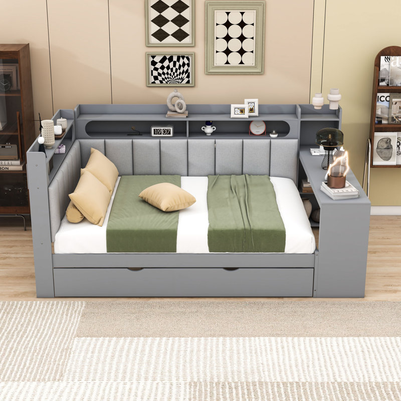 Daybed with Shelves,Trundle,Charging Station,LED Light and Desk, Gray