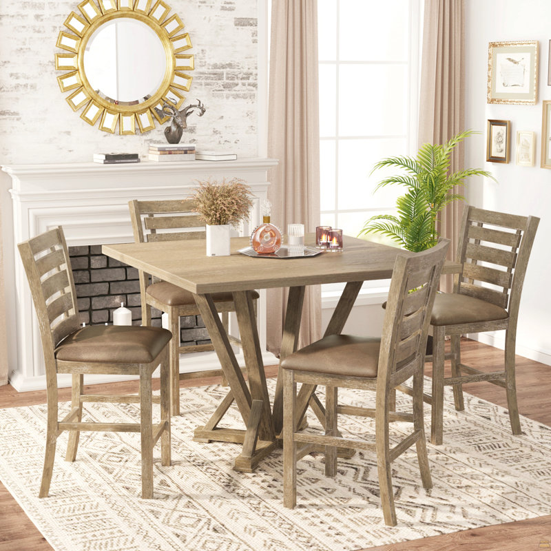 [Ensemble de salle à manger 5 pièces à hauteur de comptoir] Table carrée en bois massif avec 4 chaises, style campagnard rustique, sièges rembourrés