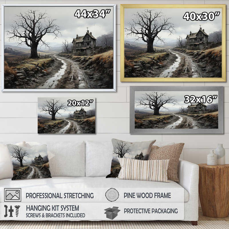 «Lonely House Country Road», reproduction sur toile, Cadre flottant noir, 24" H x 32" W