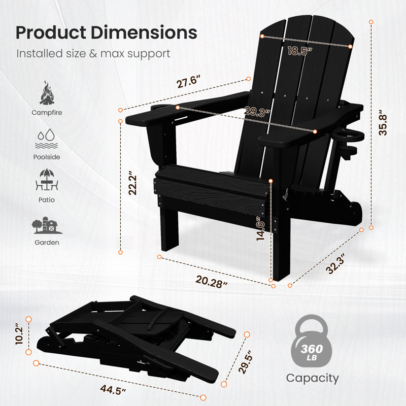 Chaise Adirondack pliante en polyéthylène haute densité Delman avec porte-gobelet double (ensemble de 4), Noir