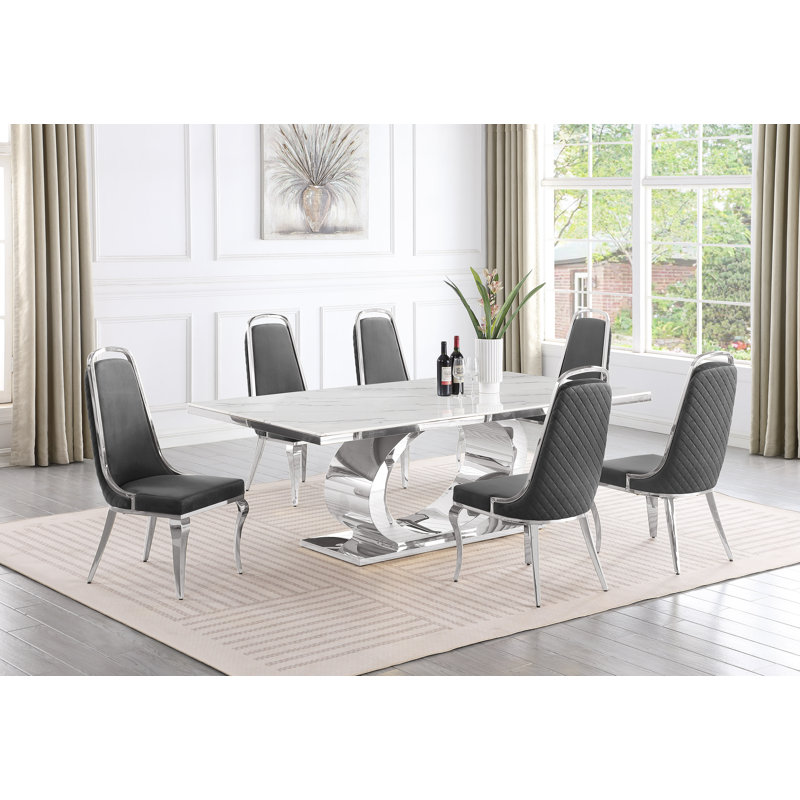 Bankston Marble Top Pedestal Dining Set, Gray/Silver, 7, Silver