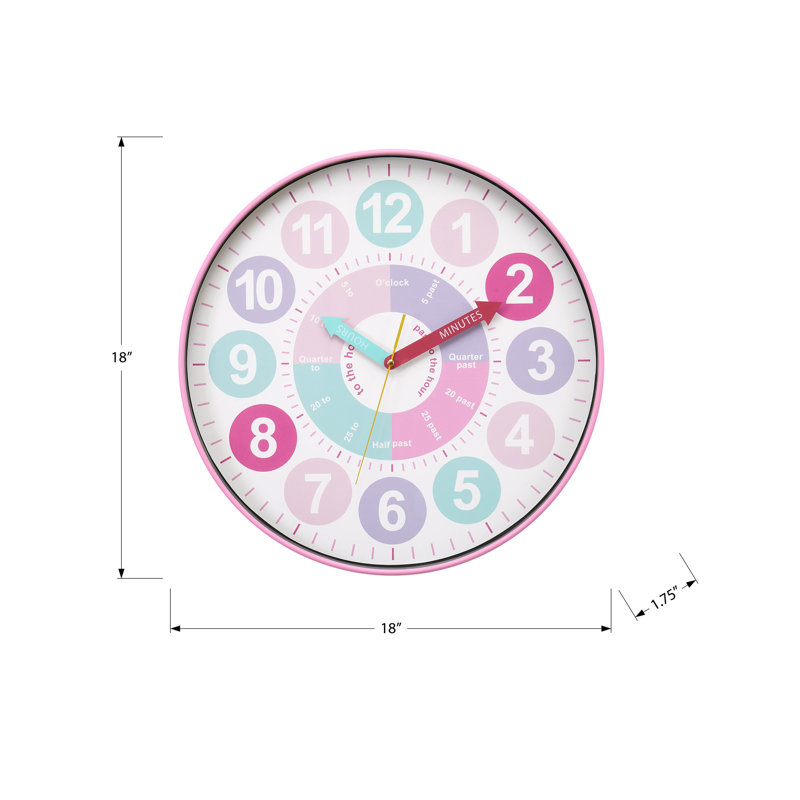 Horloges, 18 po rond, juvénile, horloge murale, cadran multicolore, cadre, contemporain, moderne, Blanc / Rose