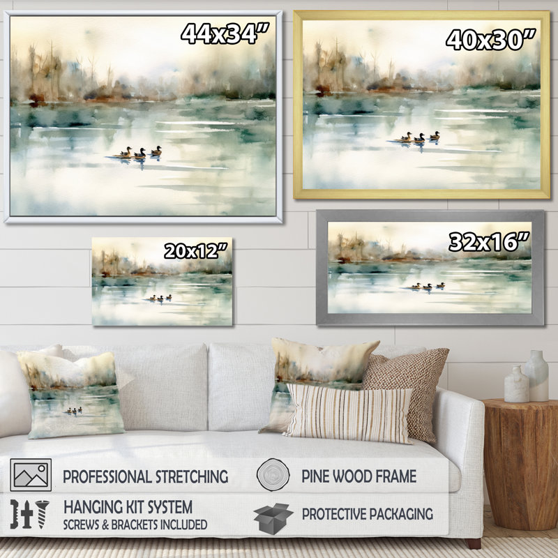«Ducks in Pond I» - Art mural sur toile, Doré, H 16 po x l 32 po, Reproduction avec cadre flottant