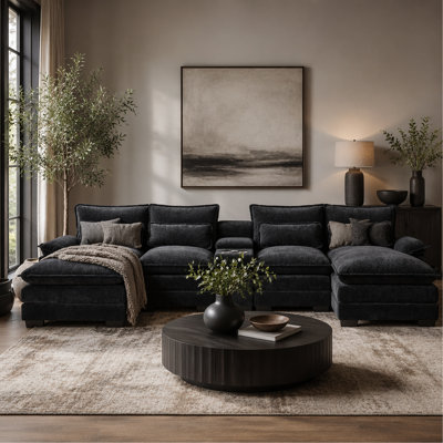 123*55"Modern U-shaped Sectional Sofa with Console,Cup Holders and USB Charger,6 Seat Upholstered Symmetrical Indoor Furniture,Comfy Chenille Cloud Couch with Chaise for Living Room,Apartment,5 Colors