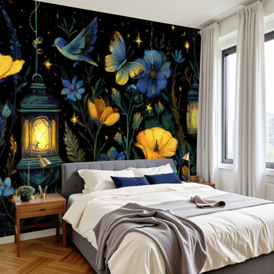 Papier peint adhésif à peler adhésif floral foncé foncé avec motif de papillons muraux noirs fantaisie H 100 po x l 144 po, papier peint amovible en PVC, adhésif mural pour chambre à coucher, bureau à domicile