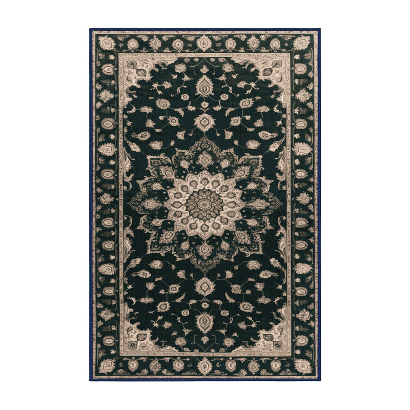 Tapis bleu Tabriz lavable à la machine, Rectangle de 5 pi x 8 pi