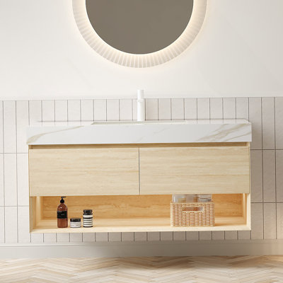 Meuble-lavabo 48 po, meuble de rangement flottant en contreplaqué, tiroirs et tablette avec capteur de lumière, lavabo encastré en céramique et plateau en pierre frittée Calacatta Gold, finition texturée en travertin