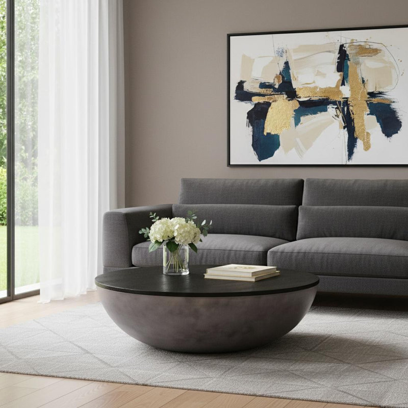  Table basse ronde 48 "en bois massif et béton noir - transitionnel, Noir / brun