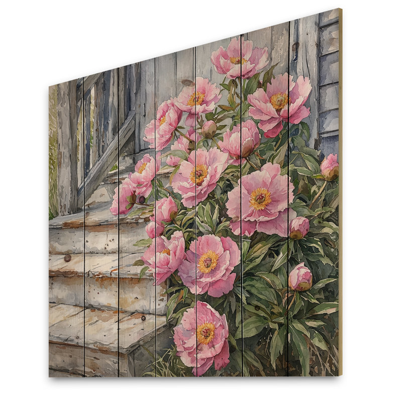 Pivoines roses par The Farmhouse Steps II - Décoration murale en bois de pivoines - sur bois de pin naturel