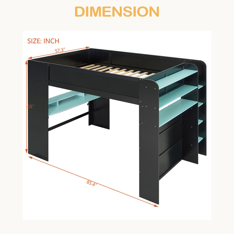 Lit double superposé en bois pleine grandeur avec bureau à hauteur réglable, garde-robe, grand espace de rangement et lumière RVB