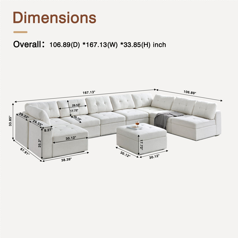 U Shaped Modular Sectional Sofa With Chaise, White Polyester