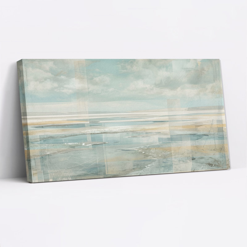 Tableau abstrait sur toile représentant une scène côtière bleue et beige, L 32 po x H 16 po