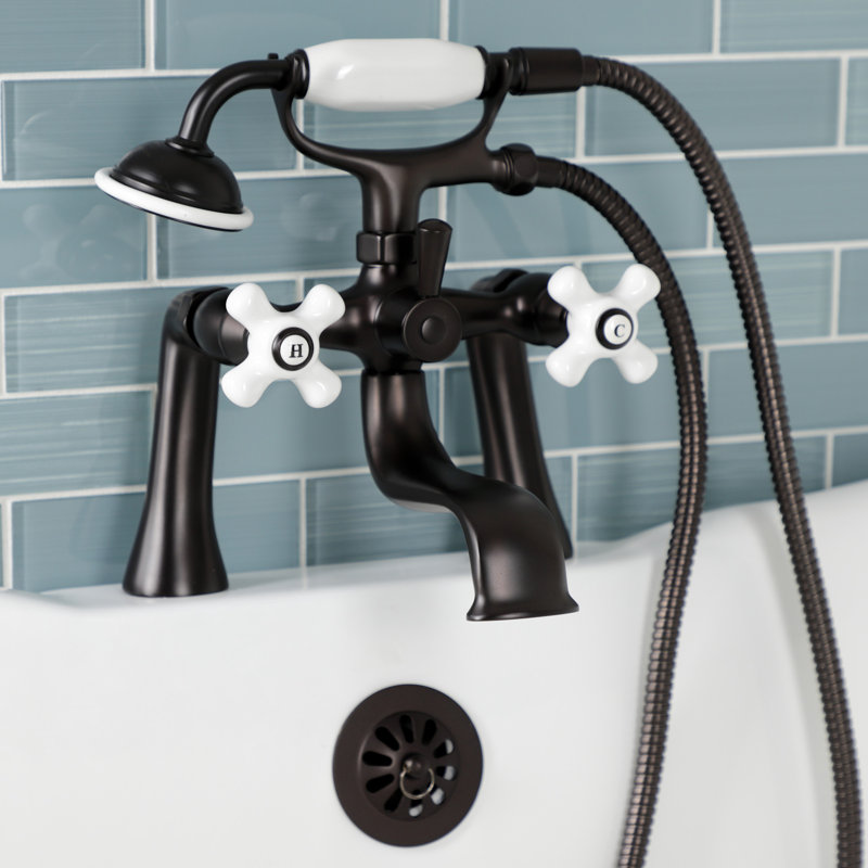 Kingston Brass Kingston Three-Handle 2-Hole Deck Mount Clawfoot Tub Faucet with Hand Shower, Oil Rubbed Bronze