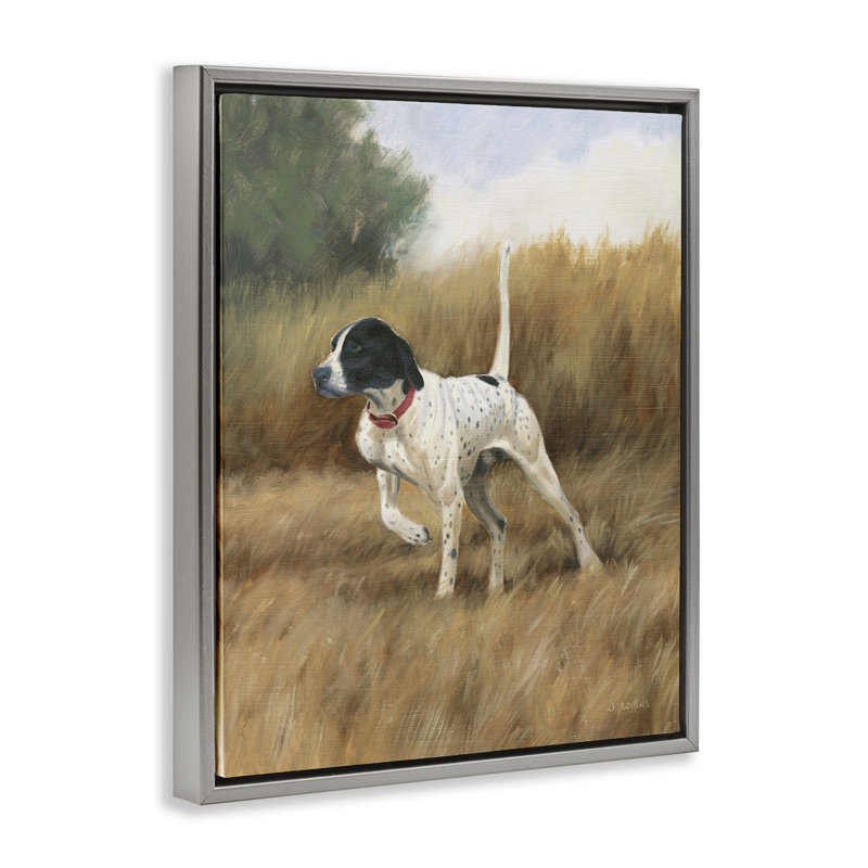 Chien pointeur dans un champ, H 17 po x l 21 po, Cadre flottant gris lustré