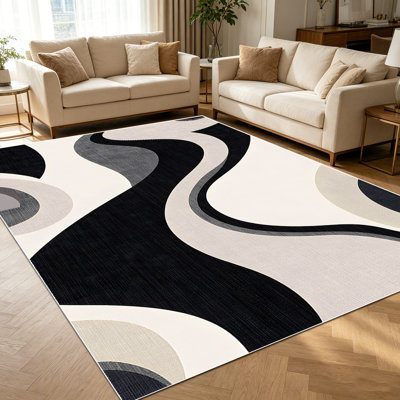 Tapis à motif géométrique ondulé abstrait noir et blanc de 1 pièce pour le salon, doux et confortable, convenant à toutes les saisons, facile à entretenir, lavable à la machine, tapis de ferme sous la table convenant à la salle à manger, la chambre à coucher, le vestibule,