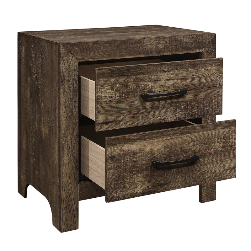 Table de chevet rustique brun à 2 tiroirs avec poignées en métal intrigantes, Brun rustique