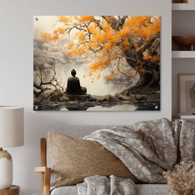 Bouddha gris et jaune, sentier illuminé II - art mural acrylique sur verre bouddhisme