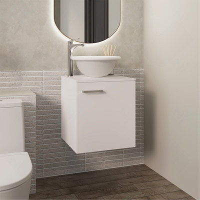 Meuble-lavabo flottant à une porte, avec lavabo vasque et une tablette, rangement pour salle de bain, blanc