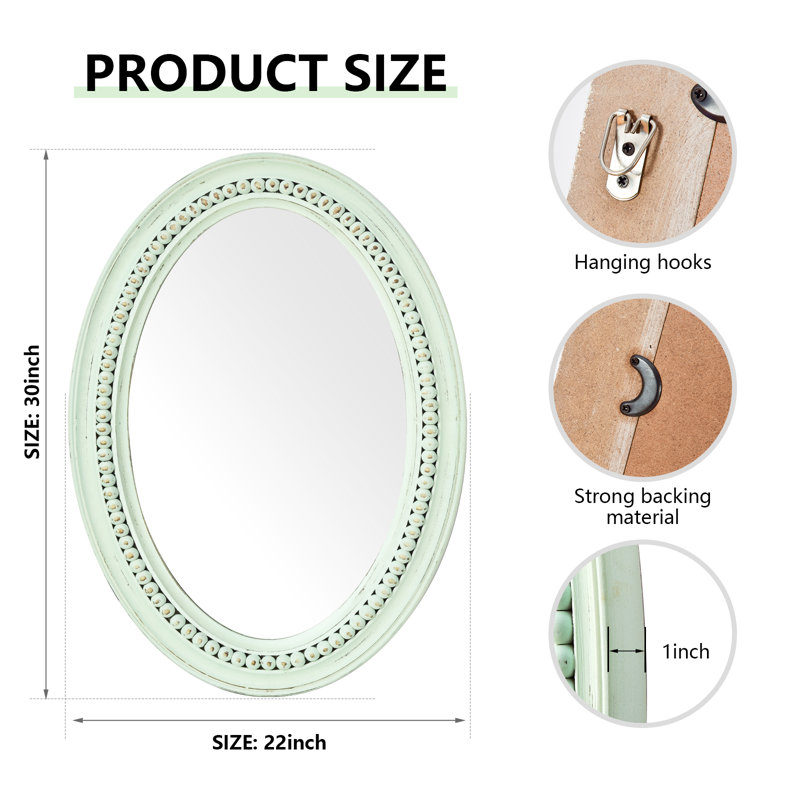 Miroir ovale mural, miroir mural bohème rustique en bois et perles vertes, H 30 po x l 20 po, Vert
