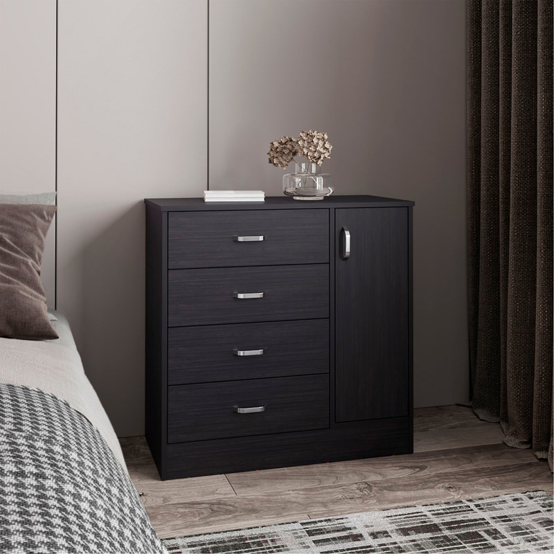 Commode, 1 porte, 4 tiroirs, 2 tablettes, wengé noir