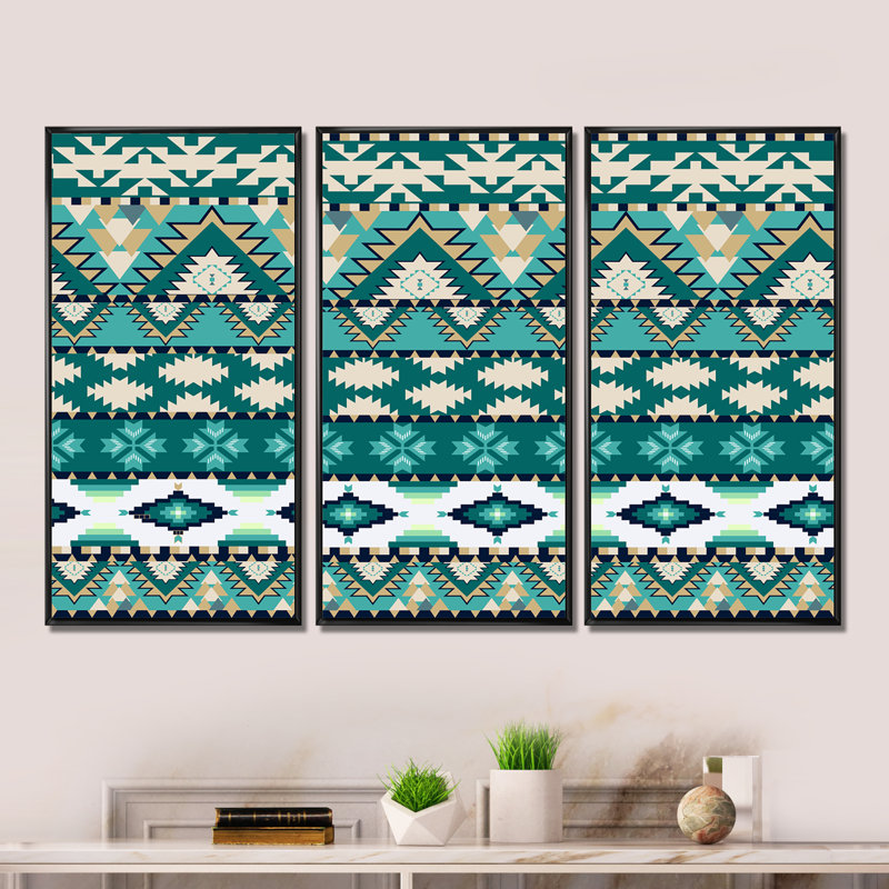Aztec Geometrics - ensemble d'art moderne sur toile encadrée moderne de 3, Noir, H 28 po x l 36 po x P 1 po