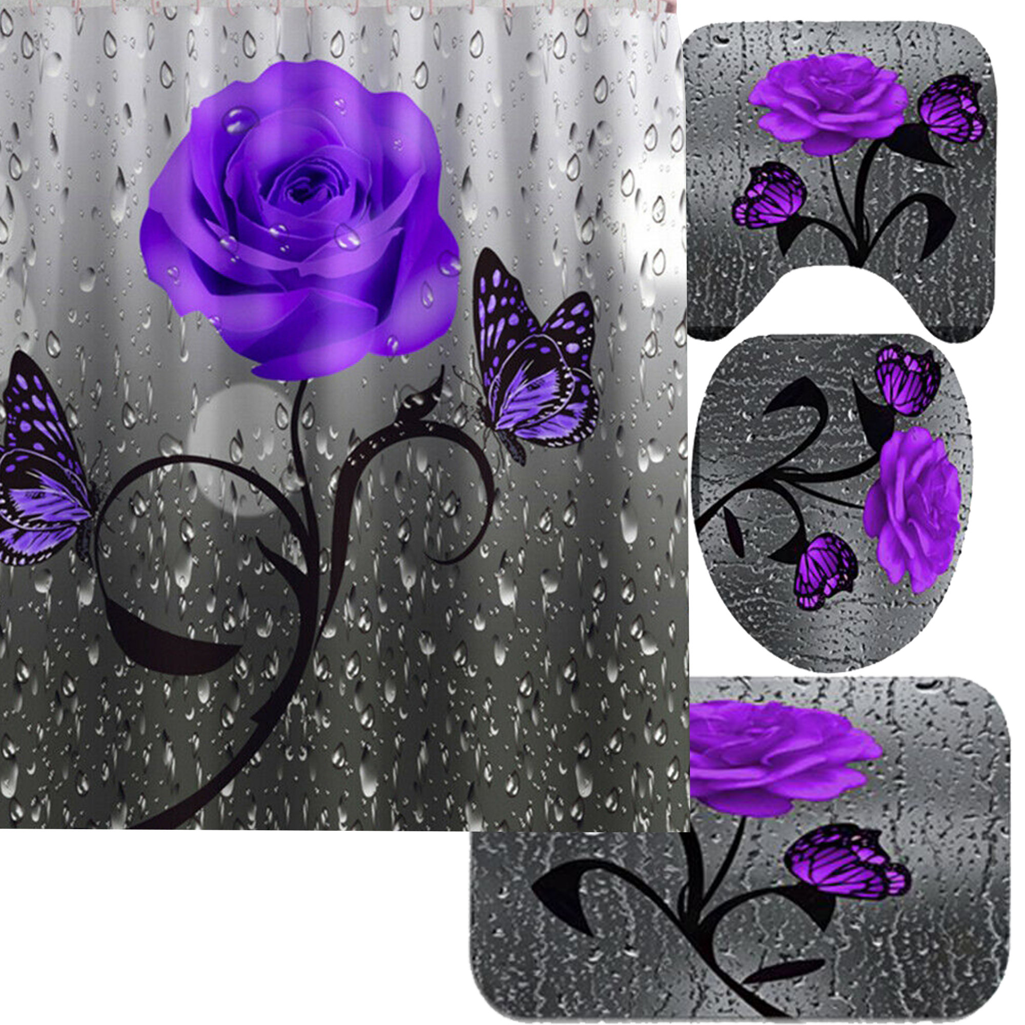 Gold Rose Black Bathroom Set 150/180CM Shower Curtain with Bath Mat Rug  Carpet for Toilet Decor Bathroom Accessories