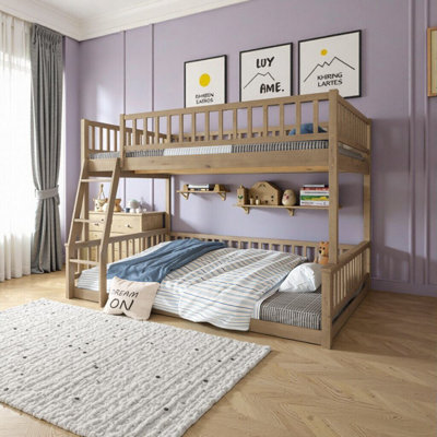 Ensemble de lit superposé convertible en noyer double au-dessus de grand lit avec échelle et garde-corps - conception en bois massif 2-en-1 peu encombrant