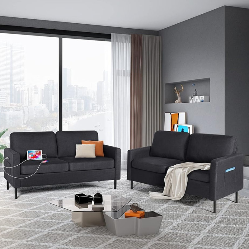 Redi 56.3" Square Arm Loveseat, Charcoal Gray