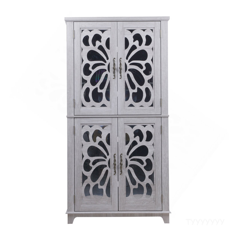 67.4"H 4 Doors Mirrored Doors Accent Storage Cabinet For Corner, Entryway, Living Room, Bedroom, Kitchen With Adjustable Shelves Light Gray Color, Display Cabinet, Bookcase