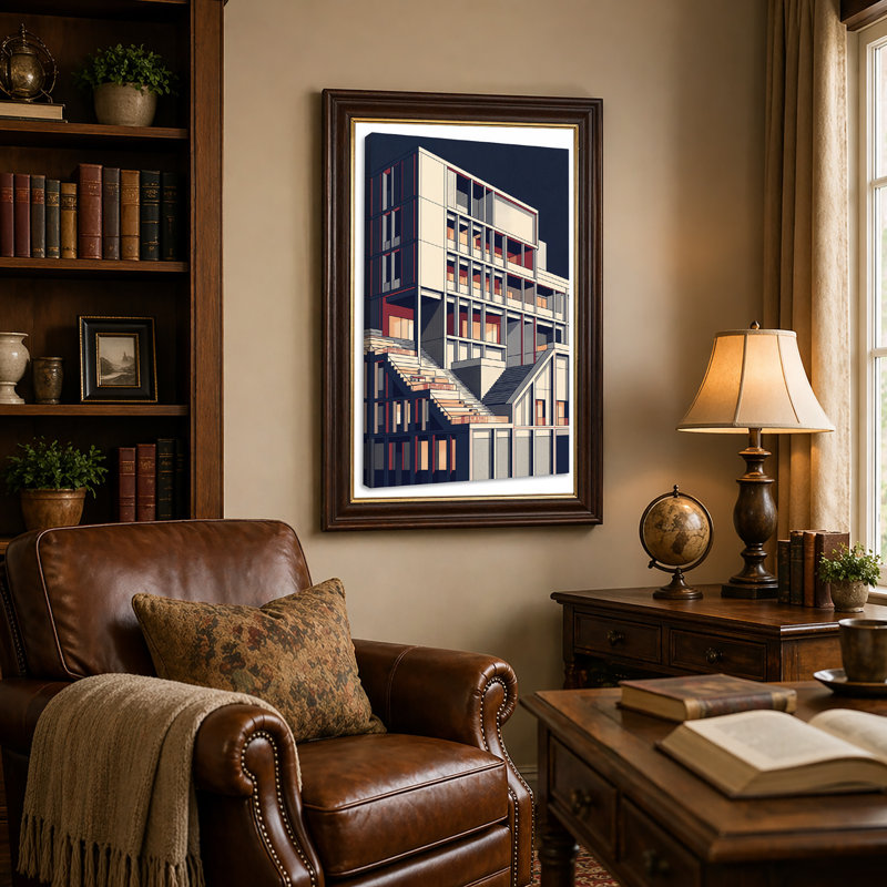 Abstrait bâtiment géométrique sur toile bleu marine, 24"H x 16"W