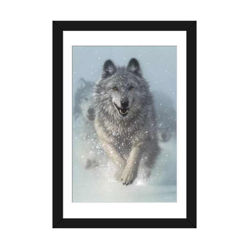 Chasse-neige - loups qui courent, vertical, H 32 po x l 24 po x P 1 po, Papier d'art encadré noir