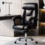 Fauteuil de bureau avec hauteur réglable et repose-pieds, fauteuil de jeu inclinable à dossier haut, cuir noir, roulettes, inclinaison à 135°, base en métal et bois, rembourrage en mousse à mémoire de forme, montage facile pour un confort optimal