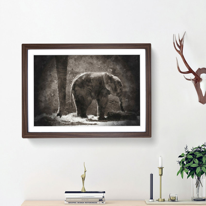 Mother and Baby Elephant Together - Picture Frame Painting Print, 33cm H x 45cm W x 2cm D, Walnut Framed