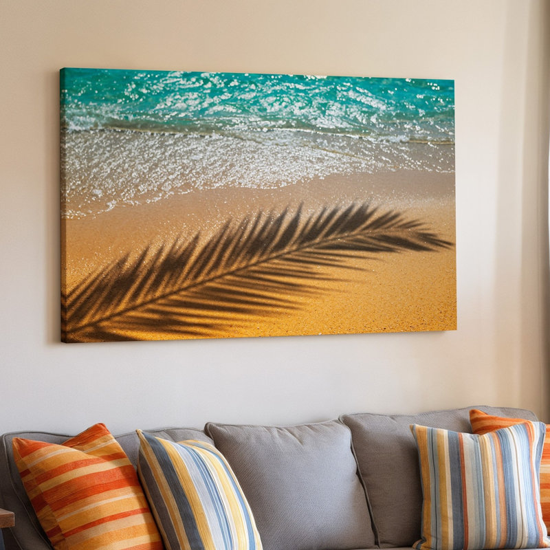 Toile, une scène de plage de sable ensoleillée avec une ombre complexe d'art mural, une feuille de palmier jeté sur le sable doré chaud, art sur toile