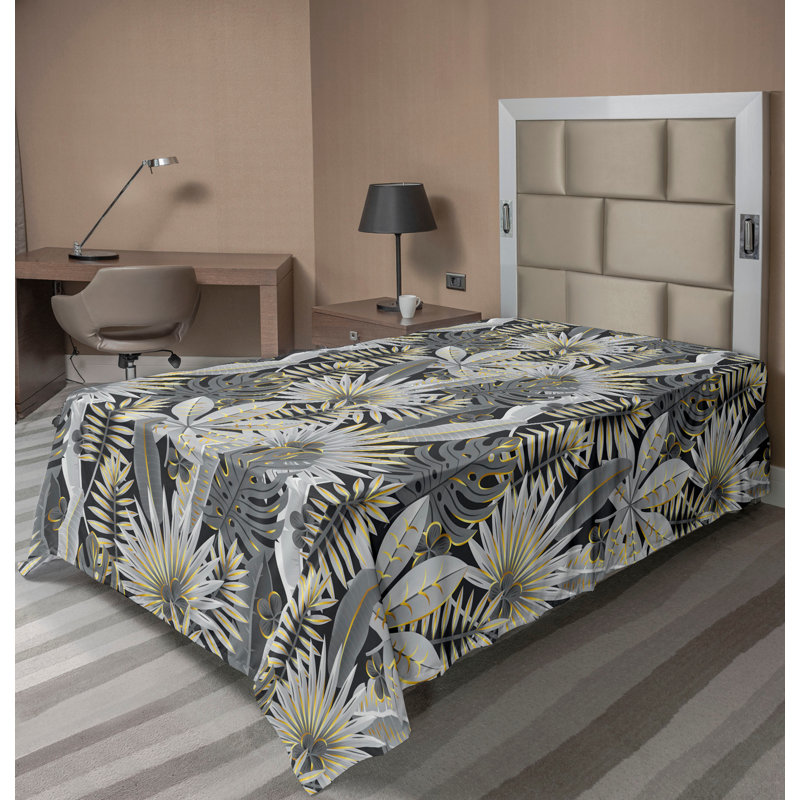 Ambesonne Flowers Flat Sheet Nostalgia Farmhouse, Pale Grey and Mustard