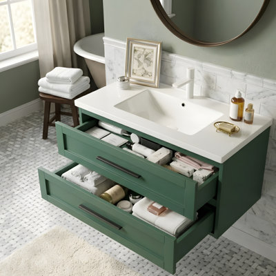 Meuble-lavabo 36 po avec lavabo, meuble-lavabo mural moderne flottant avec 2 tiroirs (sans armoire latérale), lavabo en céramique blanc sans robinet, couleur verte