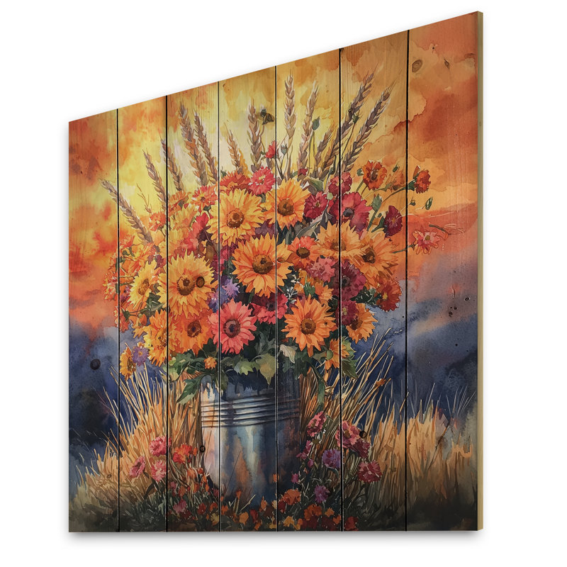 Coucher de soleil sur les fleurs de la récolte - art mural en bois assorti - sur bois de pin naturel