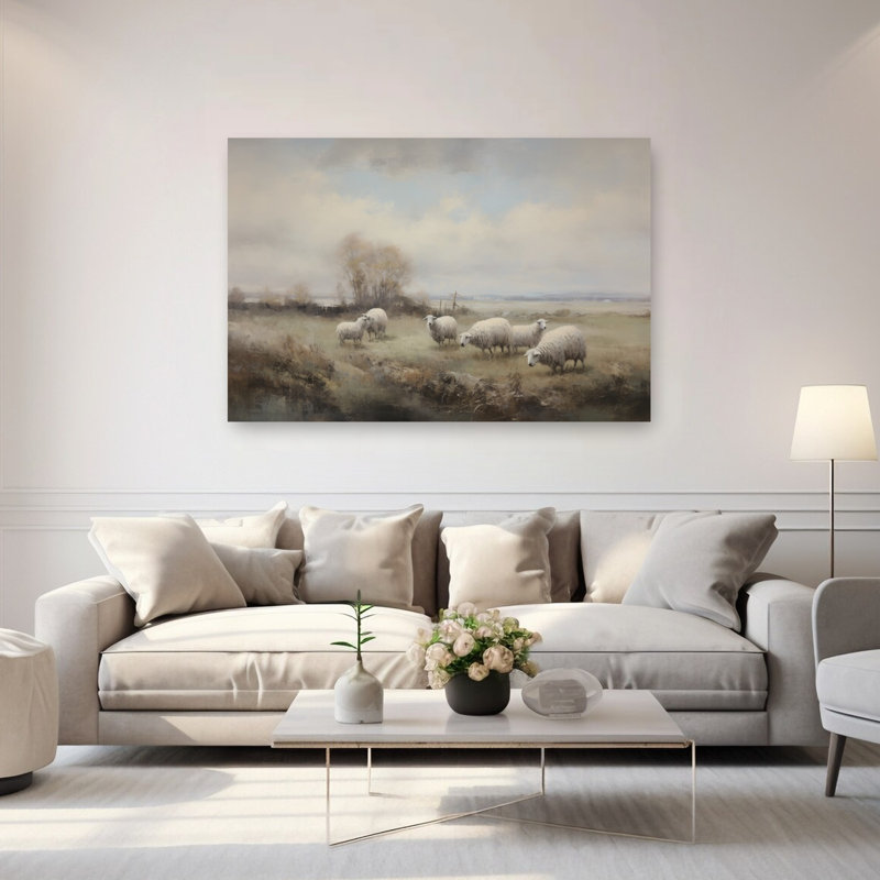 Pastoral Field With Sheep Peaceful Rustic Serene Landscape Nature Wall Art Print 1 Piece Wrapped Canvas Wall Art