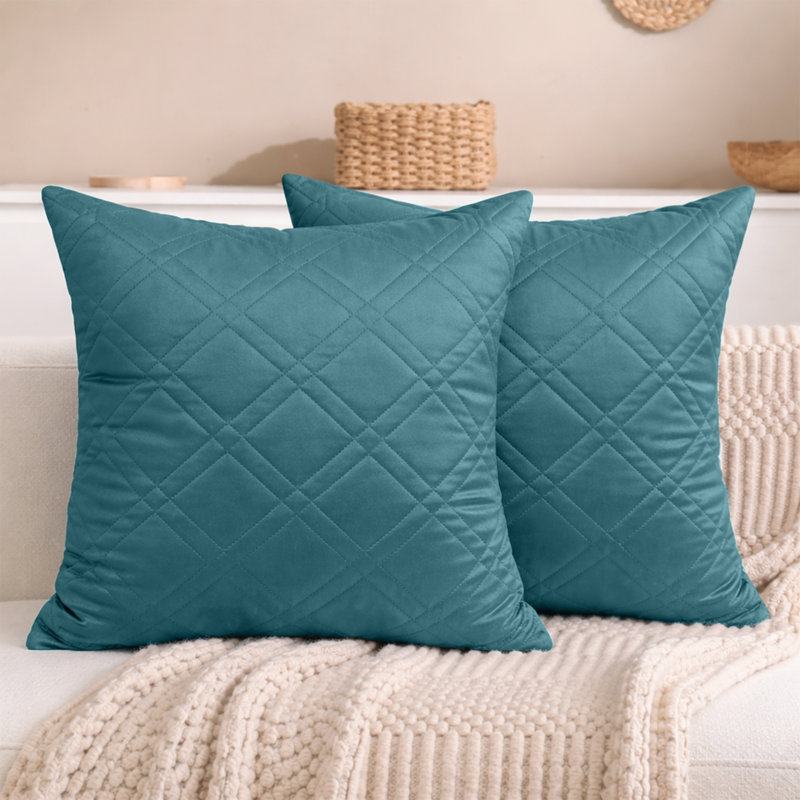 Aspire Homeware Diamond-Pattern Square Velvet Cushion Cover, Teal, Pack of 2