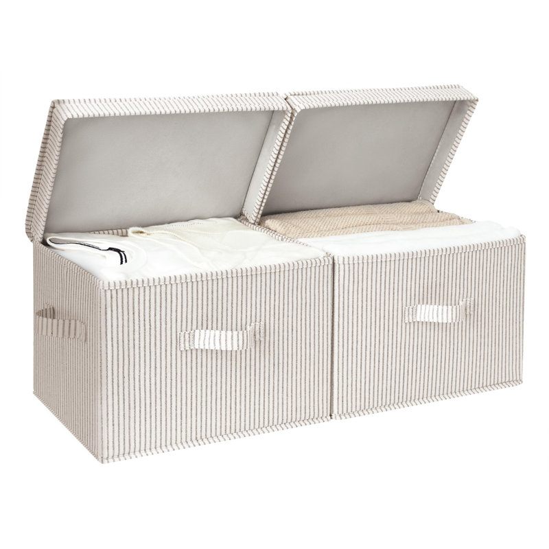 Fabric Storage Bins With Lid, Decorative Storage Boxes For Shelves, Stackable Closet Organizer Basket With Handles, Large, Stripes, 2-Pack