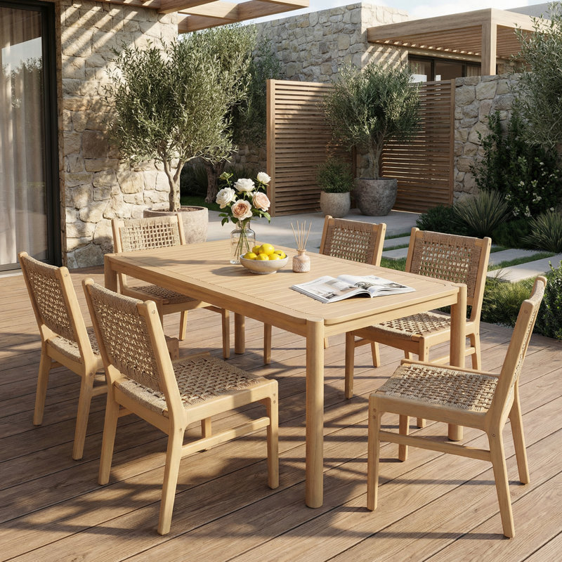 Ensemble repas d'extérieur en bois d'acacia 6 personnes avec osier tissé à la main Solvire, Light Brown Wicker/Light Teak
