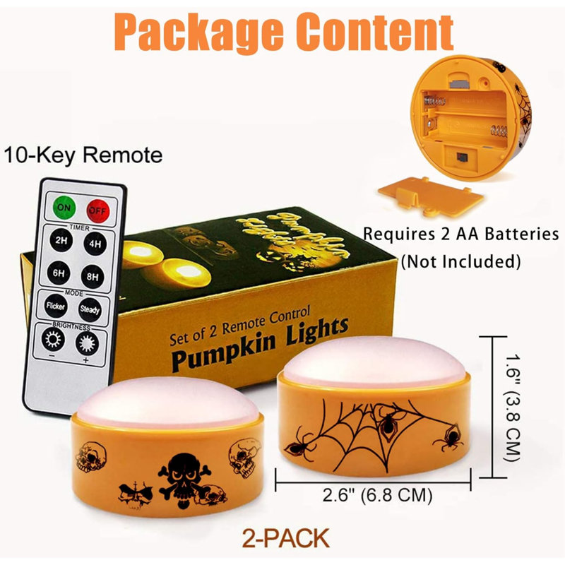 2 PCS Halloween LED Pumpkin Lights with Timer and Remote, Battery Operated Jack-O-Lantern Orange Light for Halloween Decor, Flameless Candles for Pumpkin Decoration