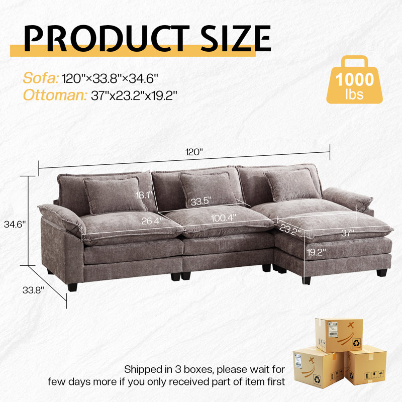 120'' Modular Chenille Sectional Sofa With Ottoman, L Shaped Deep Seat Cloud Couch, 3-Seater Oversized Upholstered Sofa For Living Room, Modern Comfy Furniture