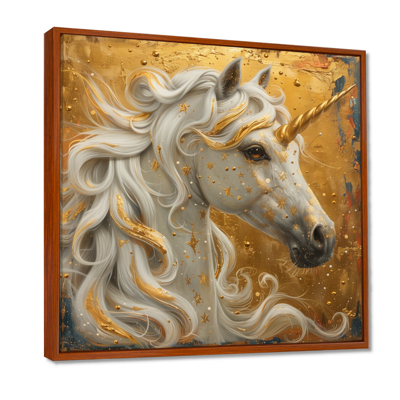 Licorne blanche et dorée scintillante II - licornes, art mural, H 16 po x l 16 po, Cadre flottant brun, bois massif