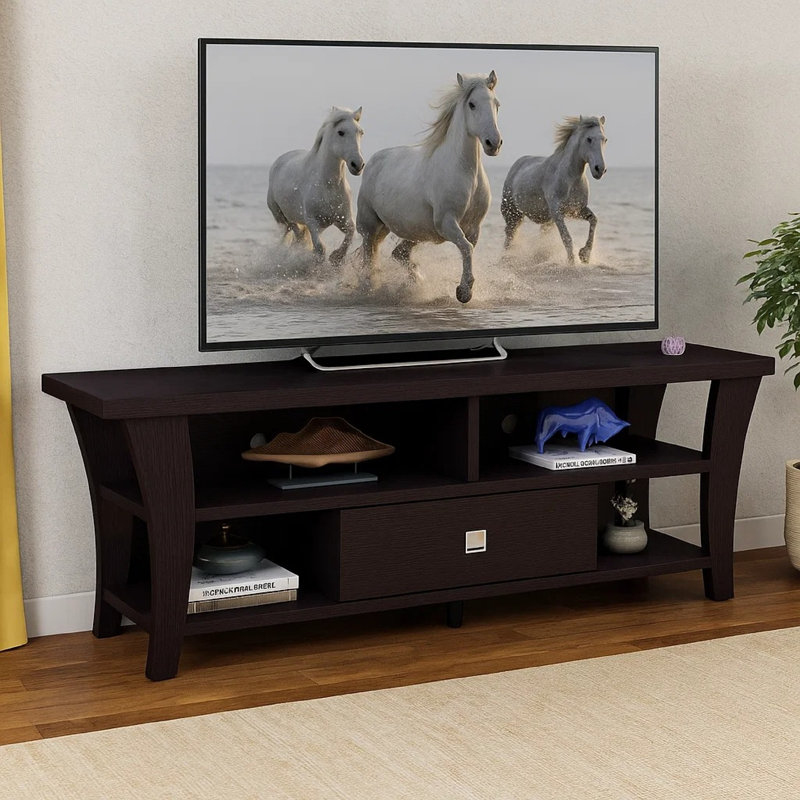 Meuble télé avec pieds courbés en bois et 4 tablettes, 60 po, brun