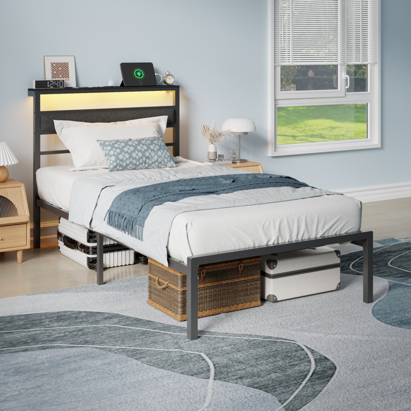 Twin Bed Frame with LED Light and Charging Station, Metal Frame with Upholstered Headboard, Large Storage Space, No Box Spring Needed