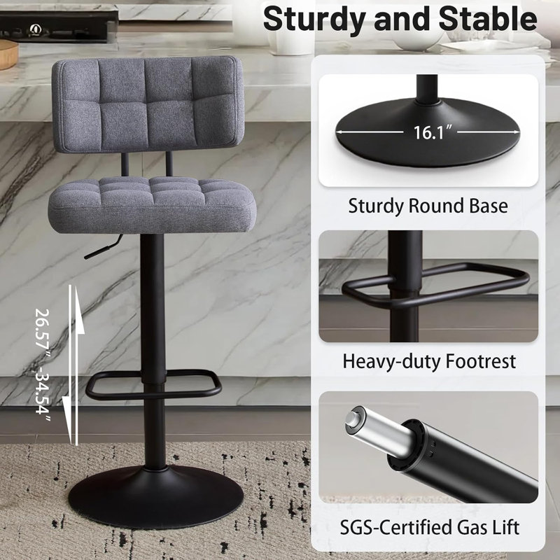 Tabouret de bar pivotant à hauteur réglable, ensemble de 2 tabourets de bar à hauteur de comptoir, tabourets de bar rembourrés en tissu avec dossier pour îlot de cuisine, Home Bar, gris