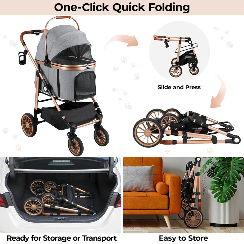 Poussette stable à 4 roues pour animaux de compagnie Pirecart pour chiens / chats de taille moyenne (55 lb maximum) - Conception convertible 3 en 1 avec support amovible et mécanisme de pliage en un clic